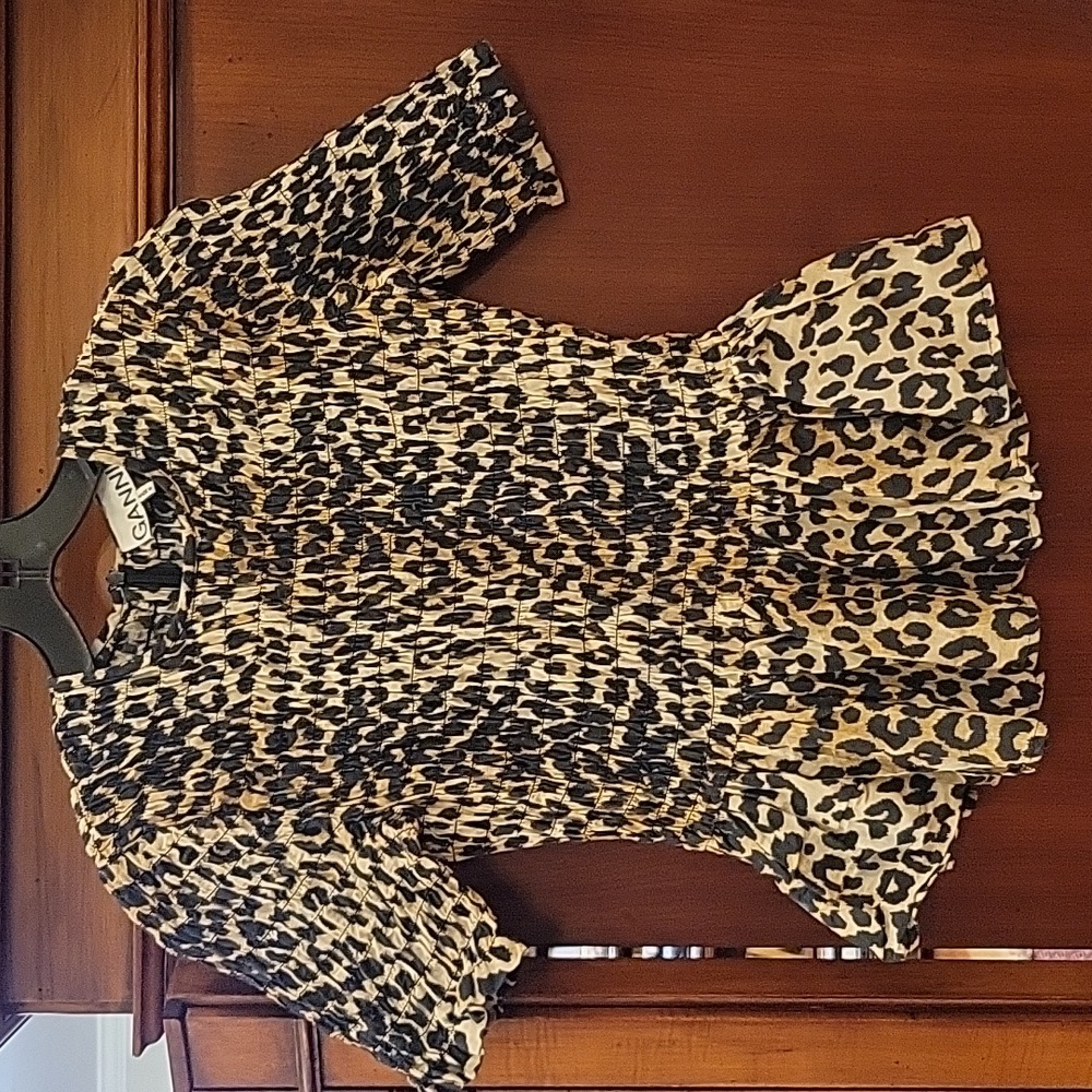 GANNI | Leopard Print Smocked Short Sleeve Peplum Hem top Cotton & Silk - XS - Picture 1 of 12
